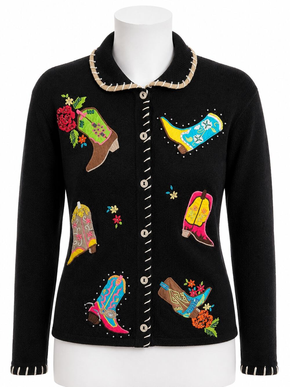 Western Rockabilly Embroidered Cowboy Boot Statement Cardigan Arriviste Black XL